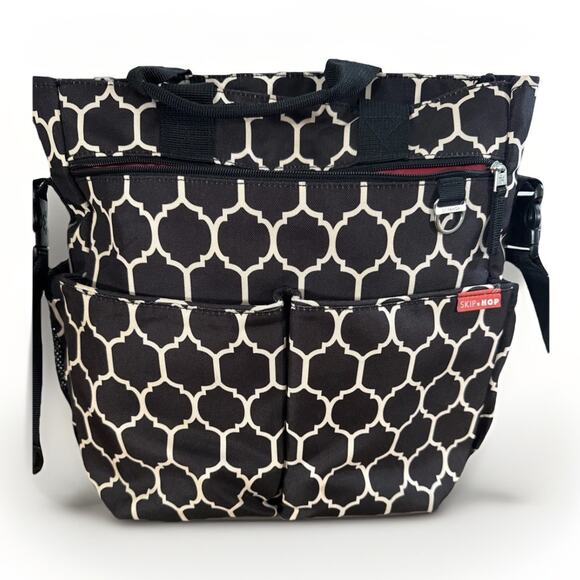 Skip Hop Canvas Diaper Bag Tote Adjustable Shoulder Strap Brown Black Geometric - Picture 1 of 5